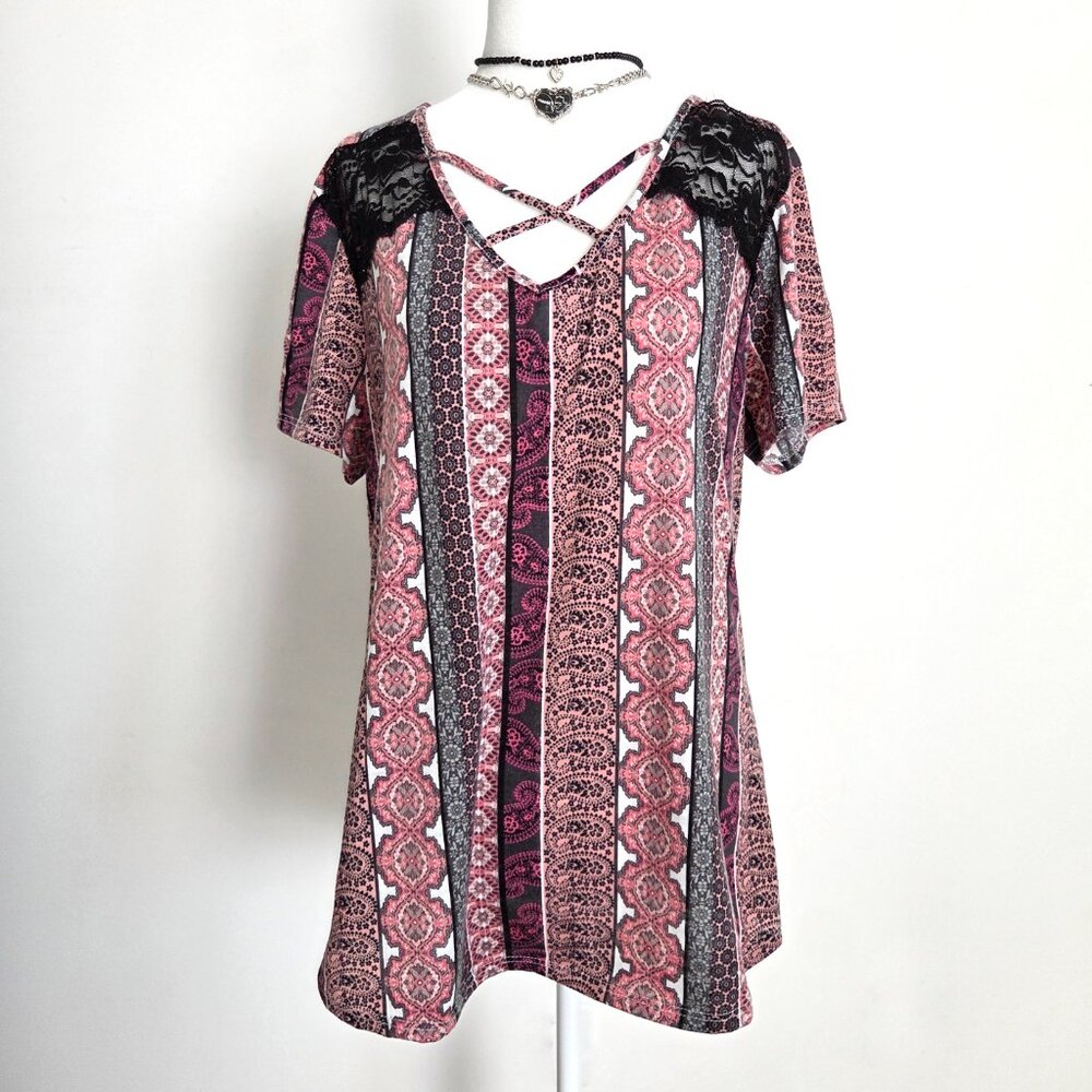 Y2K Whimsigoth Lace Tunic Top XL Paisley Criss Cross Boho Witchy Bobbie Brooks